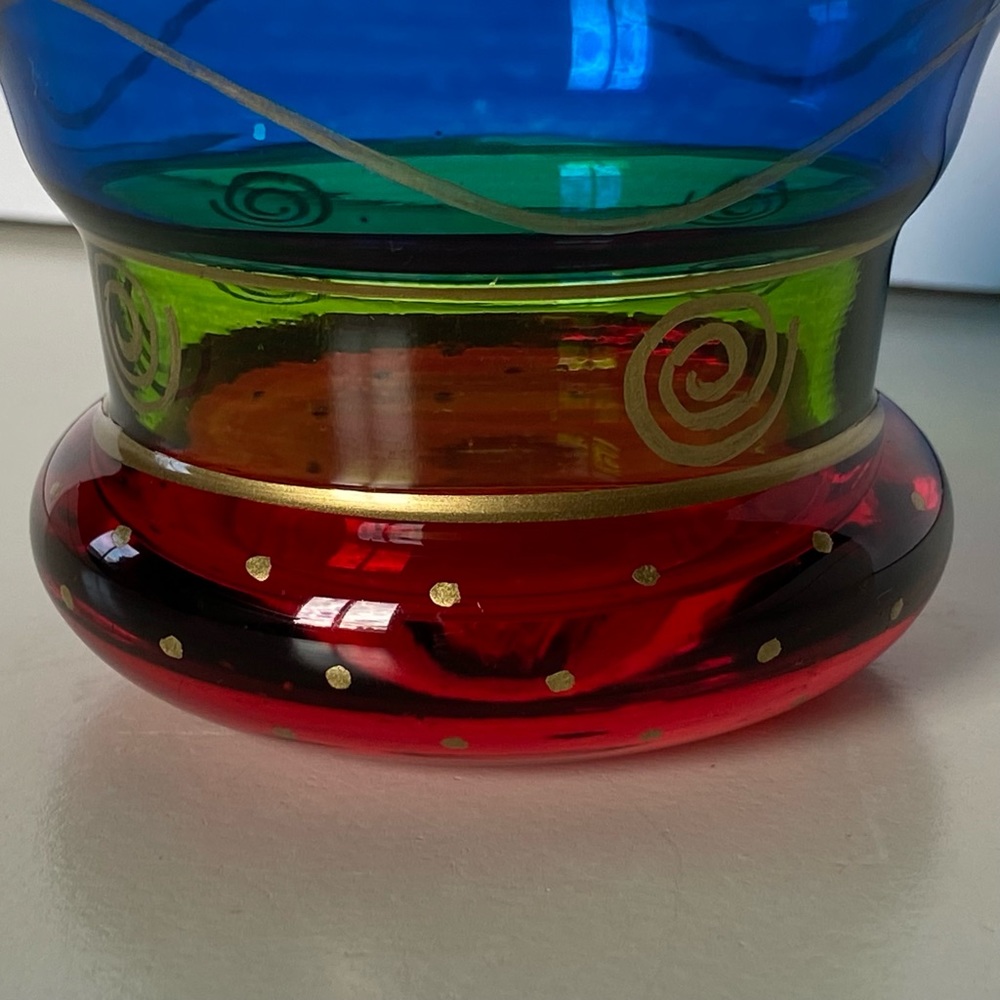 PIER 1 Candle Votive Holder Glass Vintage Red Blue Green Gold Trim Cup Vase Boho - Picture 12 of 16